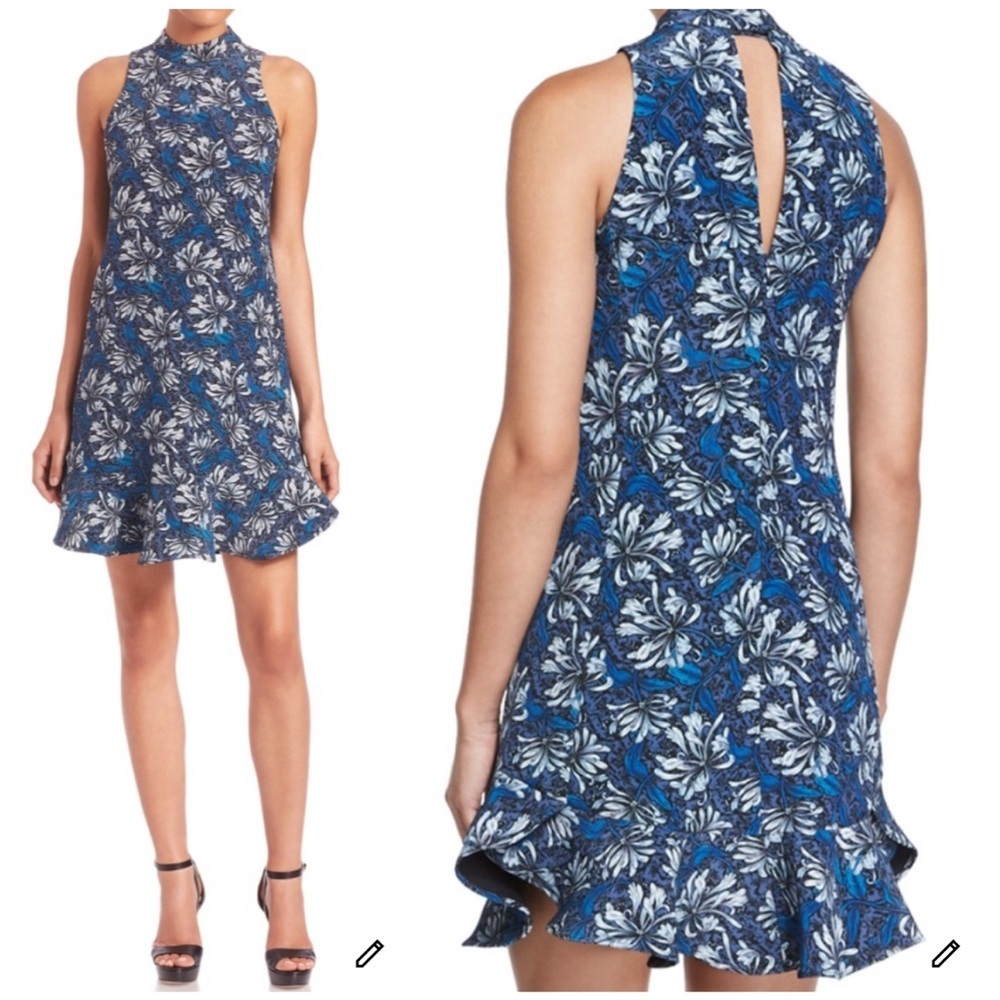 Rebecca Taylor Floral Mini Dress 4 Mystic Blue Mock Neck Sleeveless‎ Ruffle Hem